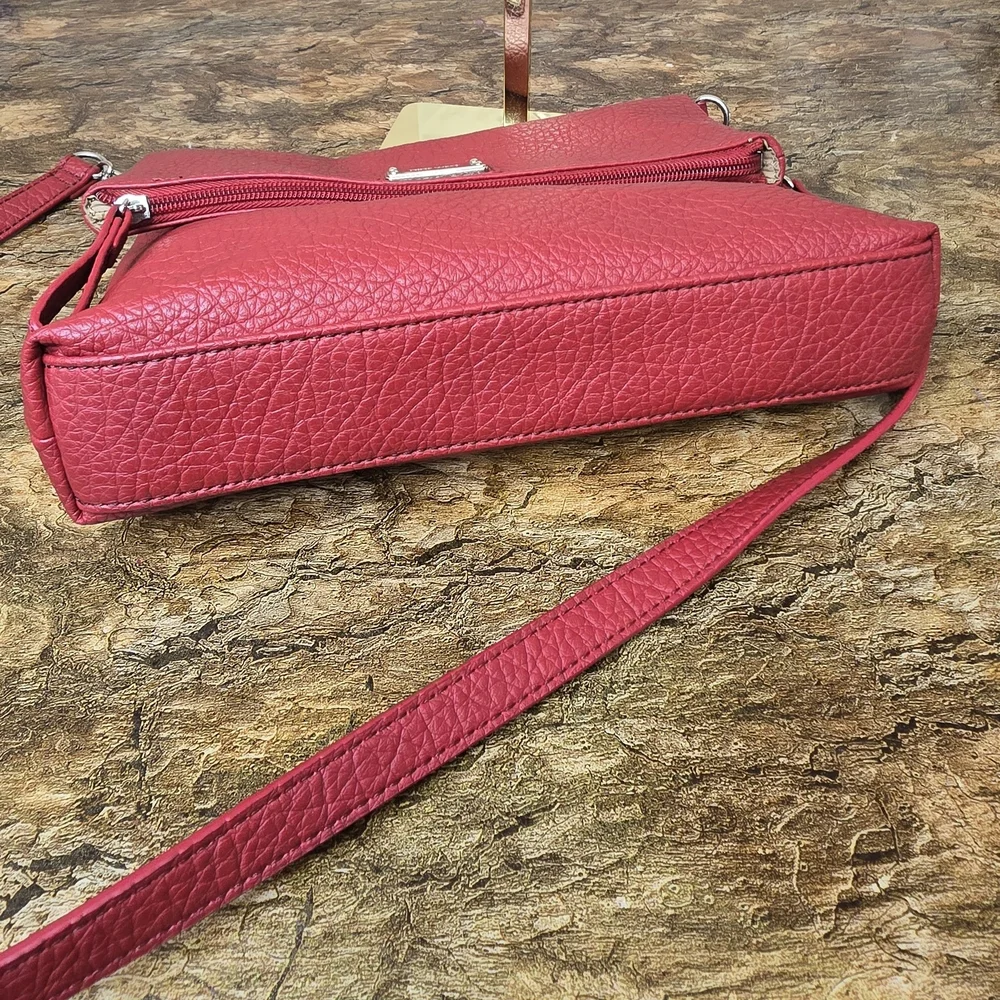 Nine West Red Pebbled Leather Crossbody Bag Foldover Clutch Convertible Purse